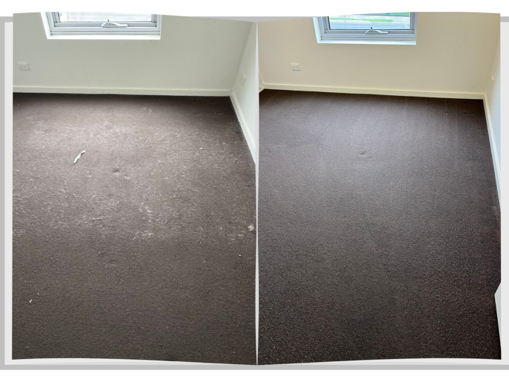 efore and after professional carpet cleaning during end of lease cleaning showing a significantly cleaner carpet.