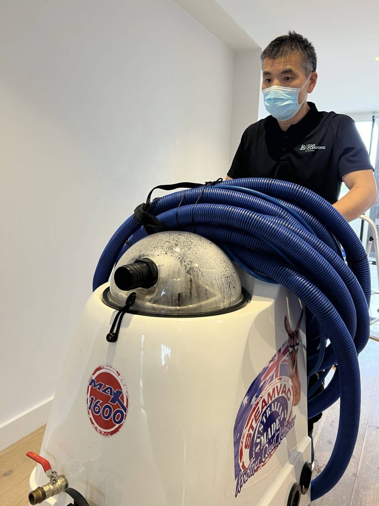Carpet cleaning with a high-powered 1200 psi steam cleaning machine.