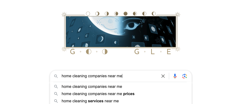 Google search bar with the query “home cleaning companies near me” displaying autocomplete suggestions, highlighted against a Google Doodle featuring a celestial theme.