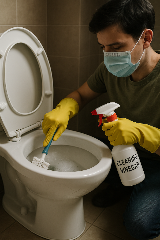 Man using vinegar and toilet brush to clean toilet bowl during end of lease cleaning