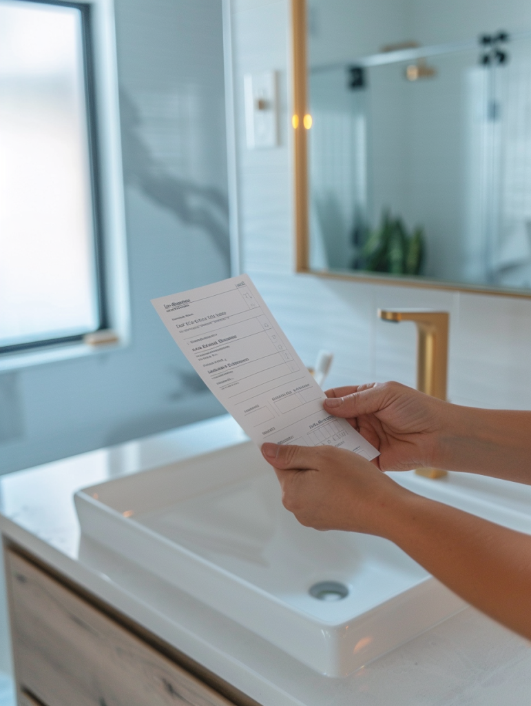 Person holding a move out cleaning checklist in front of a bathroom sink and mirror.