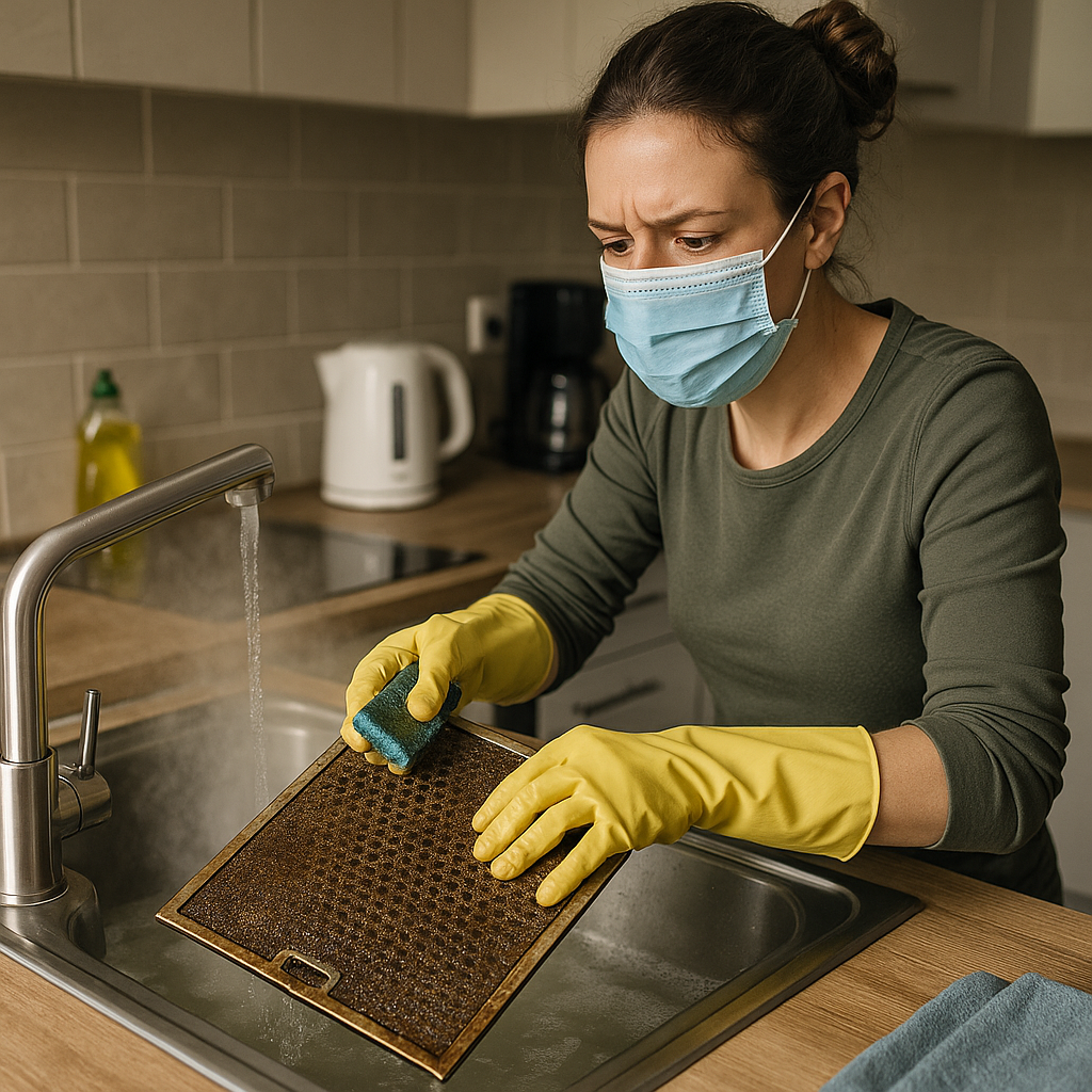 Tenant wearing gloves scrubbing a greasy rangehood filter over a sink during end of lease cleaning