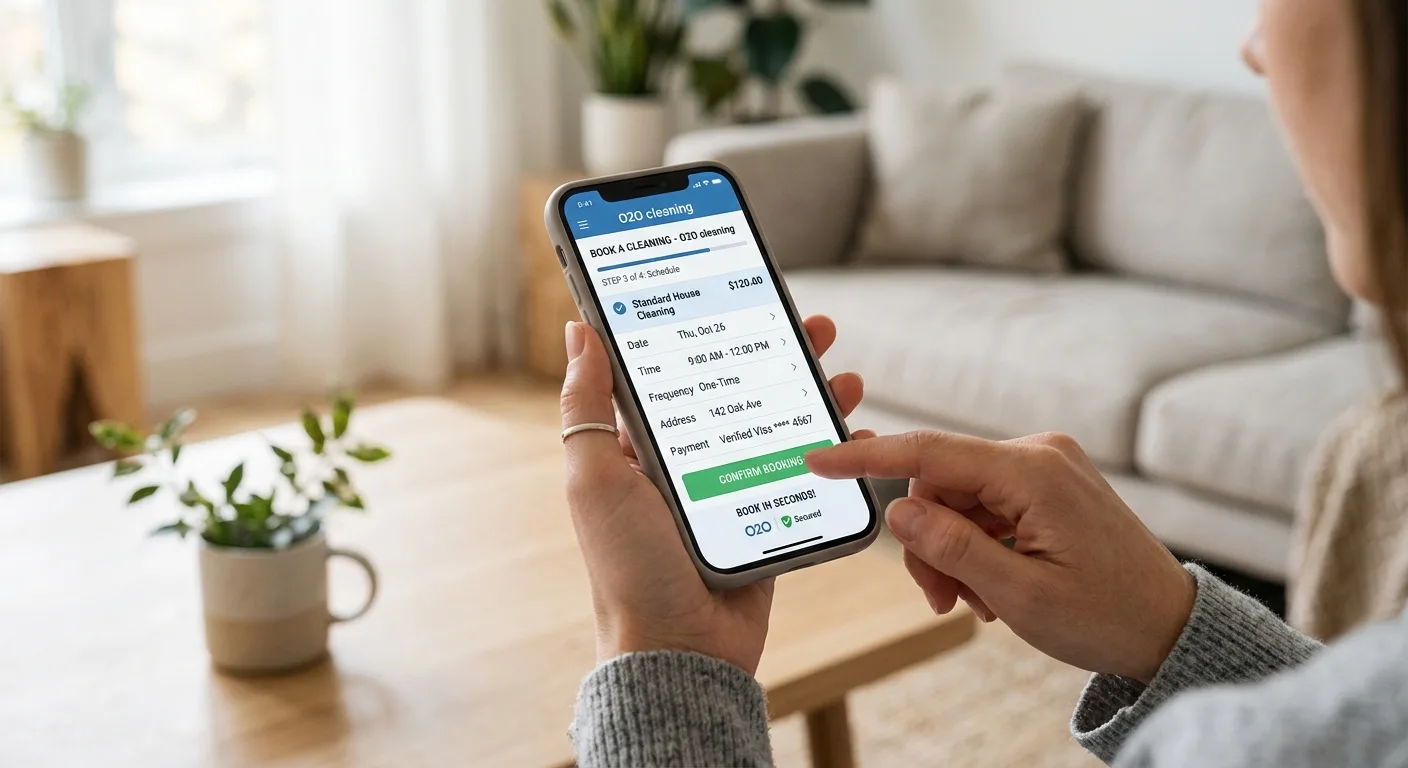 O2OCleaning customer booking an end of lease clean online from their living room, choosing property details, date and upfront fixed price
