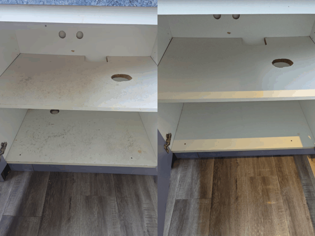Before and after o2ocleaning end of lease cleaning Melbourne: under-sink cabinet with grime and water marks on the shelf, then wiped out to a clean white interior.